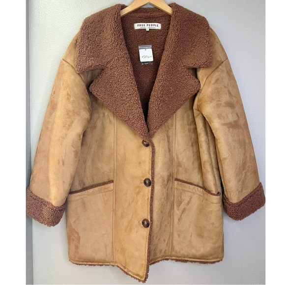 NWT Free People Diogo Oversized Colorblock Faux Sherpa Suede Brown Coat Jacket - Picture 4 of 12